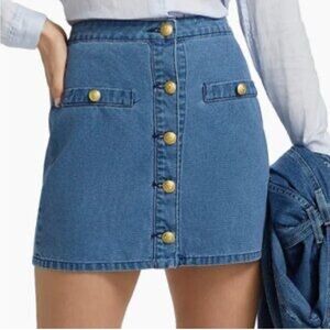 L'AGENCE Blue Denim Mini Skirt with Gold Buttons
